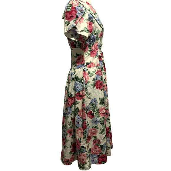 Vtg 80s Paquette Too! Rose Floral Midi Dress Sz6 Portrait Collar Pockets Cottage - Picture 6 of 11